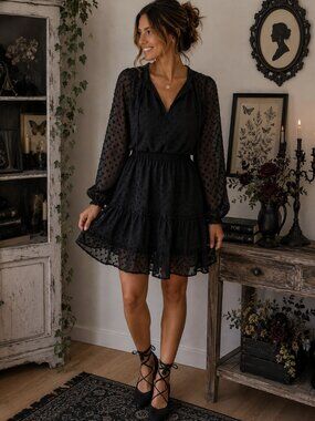 Black Swiss Dot Sheer Sleeve Ruffle Tiered Mini Dress BTFBM Large
